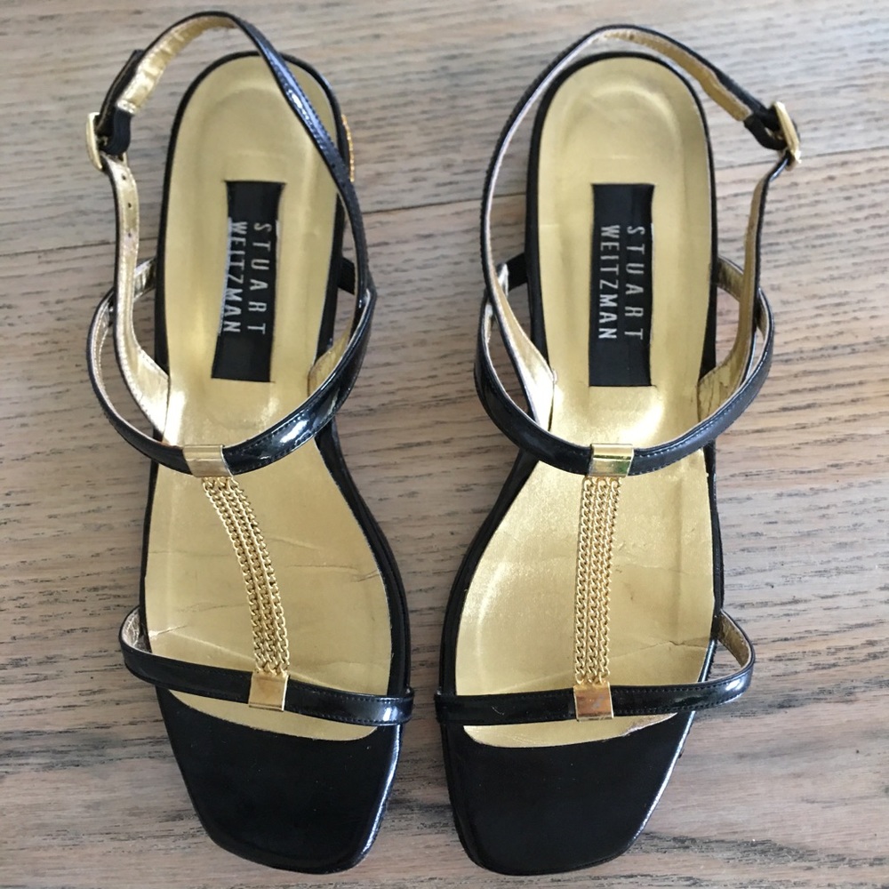 Stuart Weitzman Black and Gold T-strap Sandals
